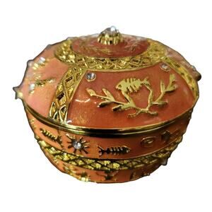 Orange Metal Fish Bone Trinket Box with Rhinestone Accent Coastal Vanity